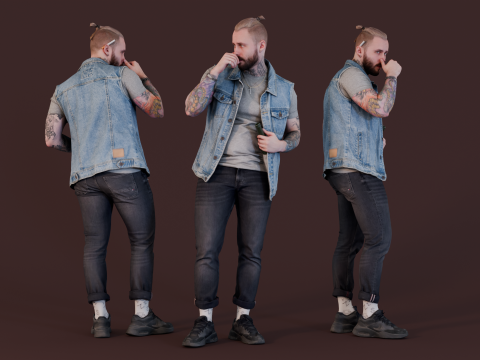 Rebel Vibes - Man in Denim Vest with Tattoos 3Dモデル