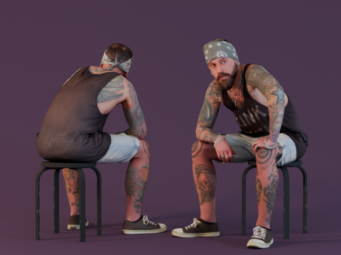 Tattooed Biker - Man with Bandana and Tank Top 3Dモデル
