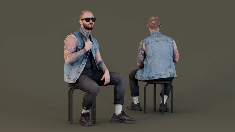 Stile urbano - uomo tatuato in gilet di jeans con occhiali da sole Modello 3D .c4d .max .obj .3ds .fbx .stl .blend 