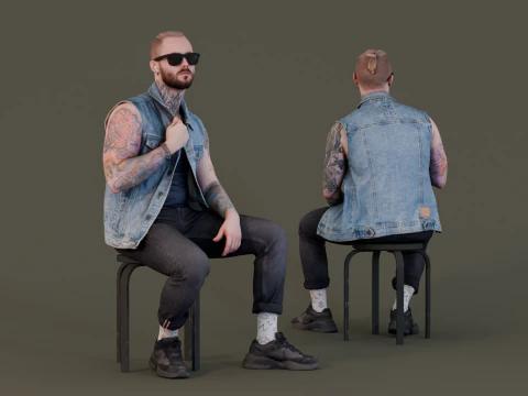 Stedelijke stijl - getatoe&euml;erde man in denimvest met zonnebril 3D Model