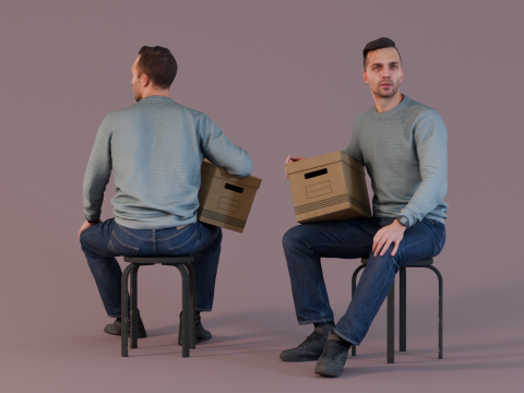 Office Casual - Man Sitting with Bankers Box 3D-Modell