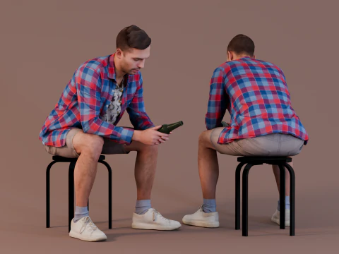 Contemplatief Moment - Man in geruit overhemd zit met fles 3D Model