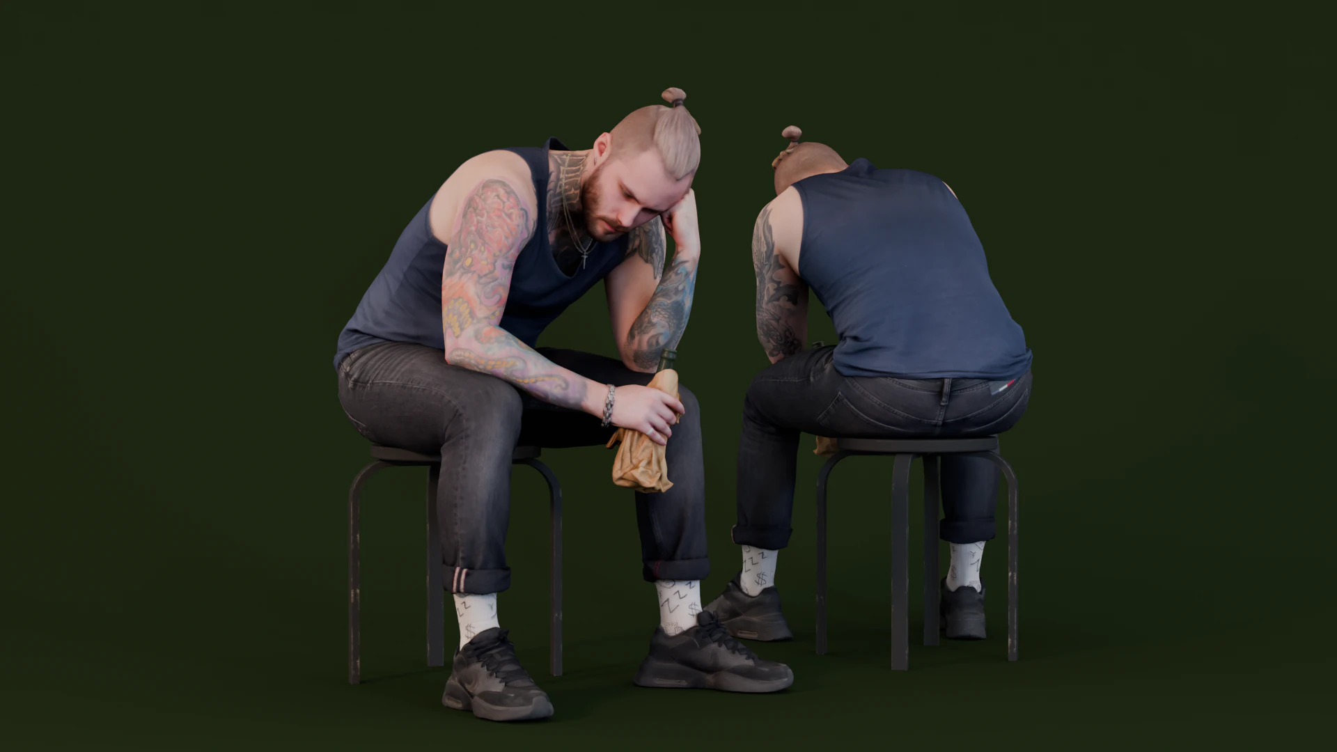 Reflective Moment - Man with Tattoos Sitting in Thought 3D Model .c4d .max .obj .3ds .fbx .stl .blend