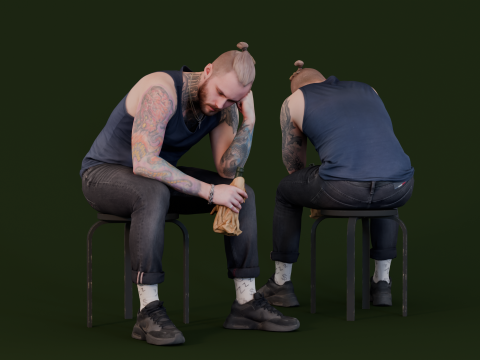 Reflective Moment - Man with Tattoos Sitting in Thought 3D-Modell