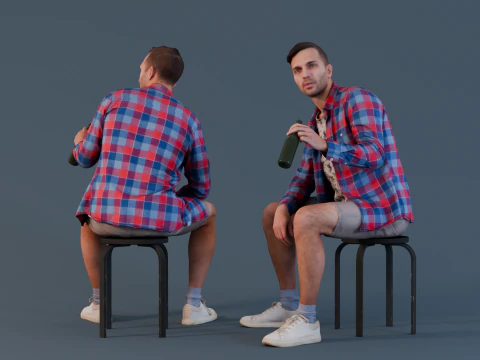 Casual bijeenkomst - Man in geruit overhemd met fles 3D Model