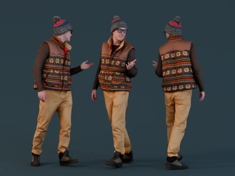 お祭りの散歩 - 柄入りのベストを着た若者が話す 3Dモデル