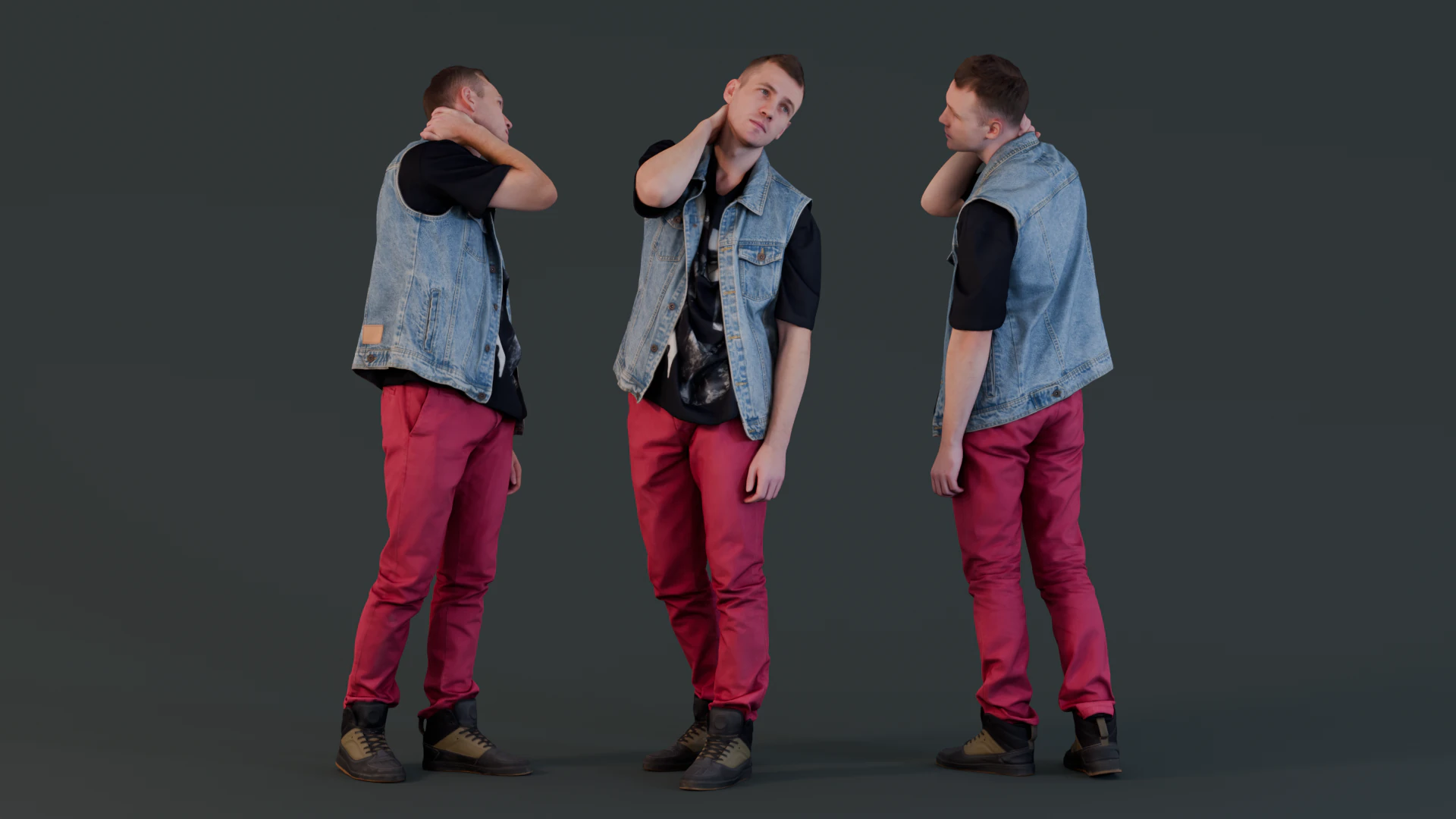 Estilo Urbano Cansado - Homem de Colete Jeans e Calça Vermelha Modelo 3D .c4d .max .obj .3ds .fbx .stl .blend