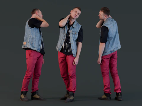 Втомлений міський стиль - чоловік у джинсовому жилеті з червоними штанями 3D Модель
