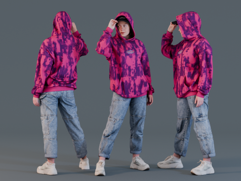 Confident Stance - Girl in Vibrant Hoodie 3D-Modell