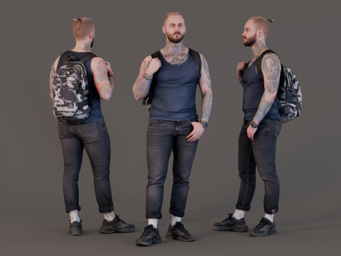 Inked Wanderer - Casual Man with Backpack 3D-Modell