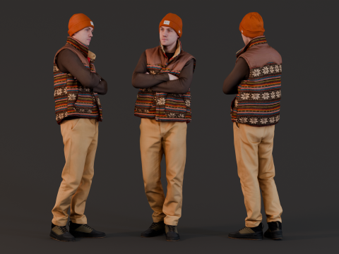 Contemplative Wanderer - Man in Patterned Vest 3D-Modell