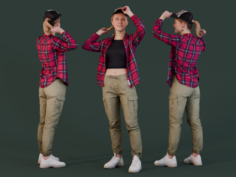 Optimistic Explorer - Woman in Plaid Shirt and Cap 3D-Modell