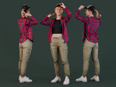 Оптимістичний дослідник - жінка в картатій сорочці та кепці 3D Модель