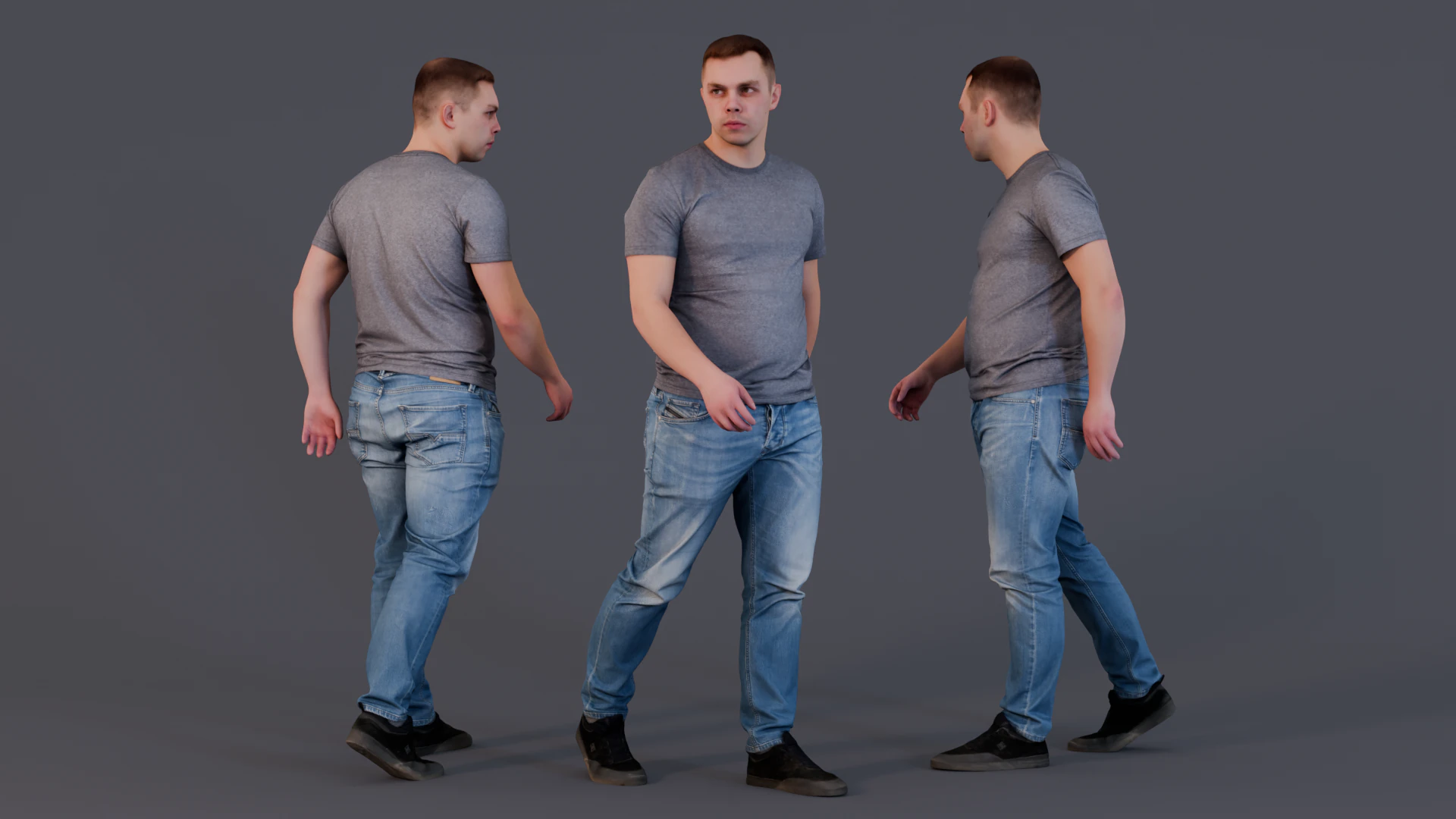 Casual Walker - Man in Grey T-Shirt 3D Model .c4d .max .obj .3ds .fbx .stl .blend 