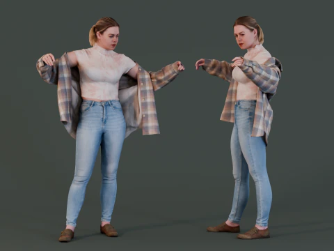 캐주얼 시크 - 오버사이즈 셔츠를 조정하는 소녀 3D 모델