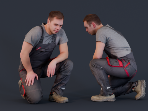 Focused Worker - Foreman Kneeling in Overalls 3D-Modell