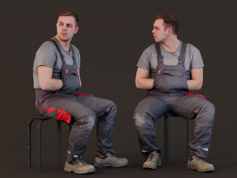 Resting Foreman - Worker Sitting in Overalls 3D-Modell