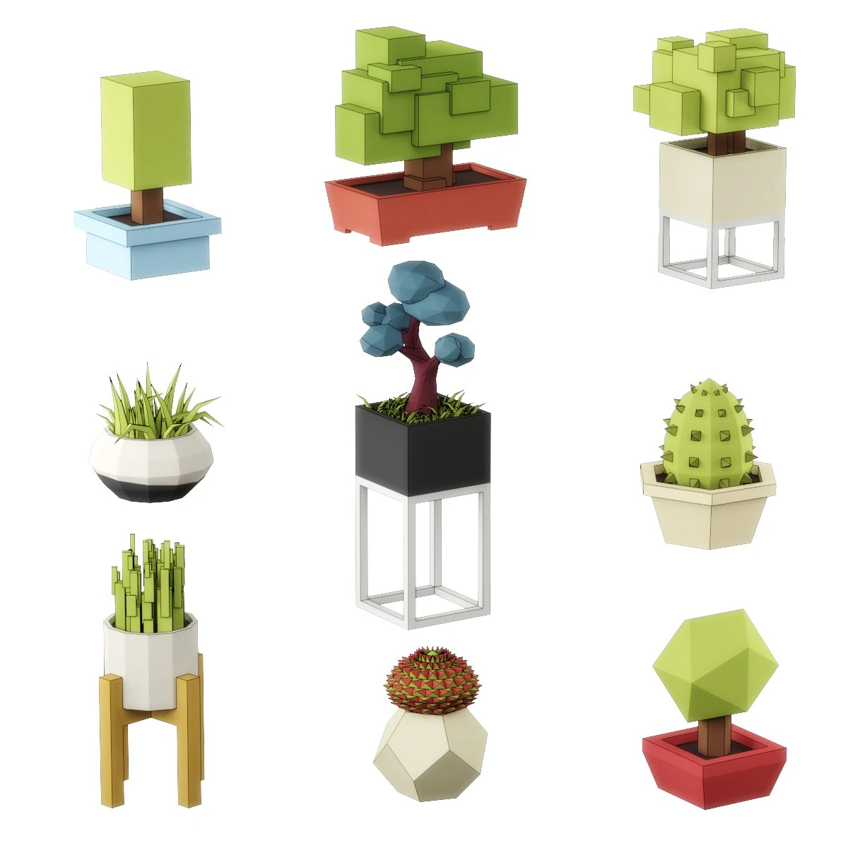 low poly plants set 3D Model .c4d .max .obj .3ds .fbx .stl .blend 