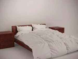 set letto in legno con piumone e cuscini Modello 3D