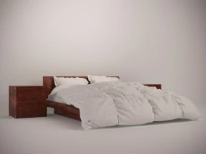 wooden bed set with duvet and pillows 3D Model