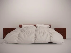 wooden bed set with duvet and pillows 3D Model
