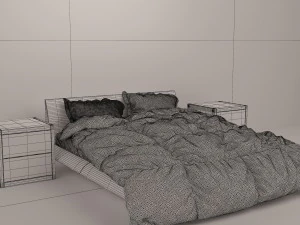 wooden bed set with duvet and pillows 3D Model