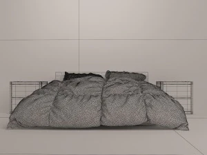 wooden bed set with duvet and pillows 3D Model