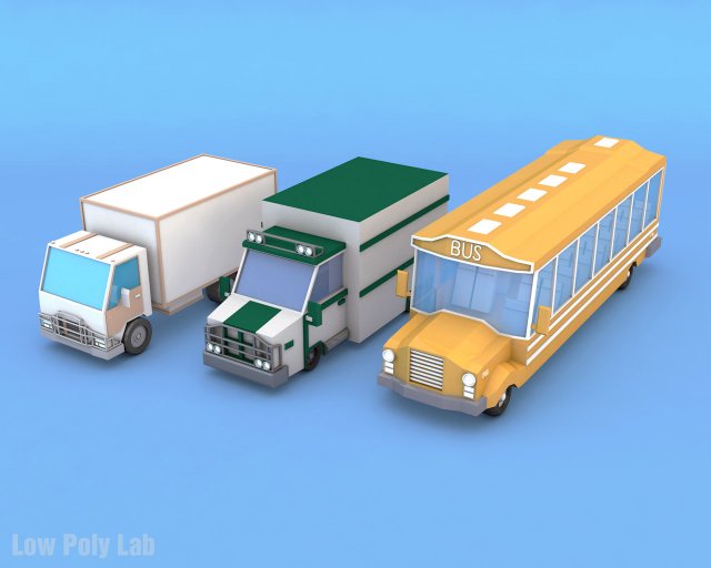 low poly bus truck lorry pack Model 3D .c4d .max .obj .3ds .fbx .stl .blend 
