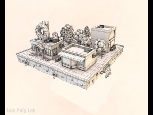 cartoon city block dount cafe building low poly 3D Model