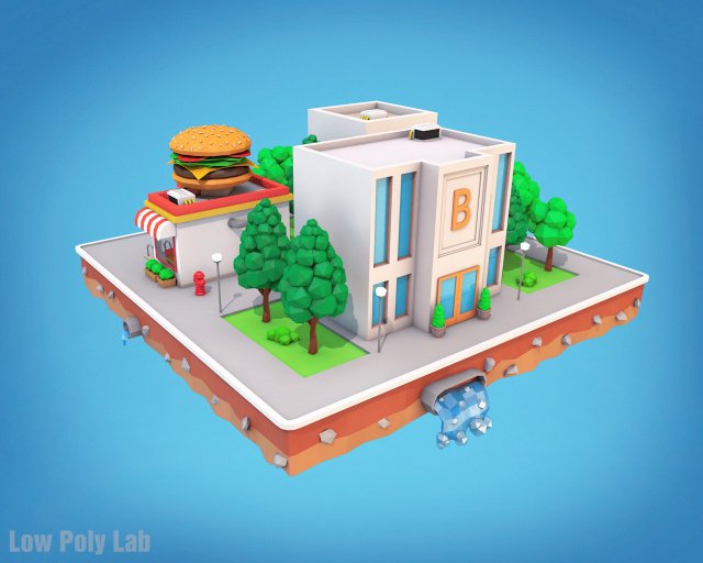 cartoon city block burger cafe bank low poly 3D मॉडल .c4d .max .obj .3ds .fbx .stl .blend 