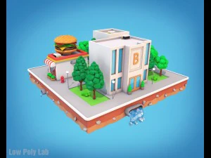 कार्टून सिटी ब्लॉक बर्गर कैफे बैंक लो पॉली 3D मॉडल