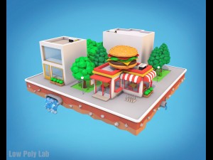 cartoon city block burger cafe bank low poly 3D मॉडल