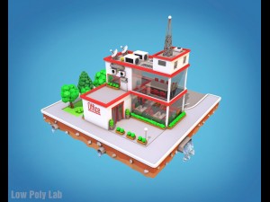 cartoon city block office parking low poly 3D-Modell