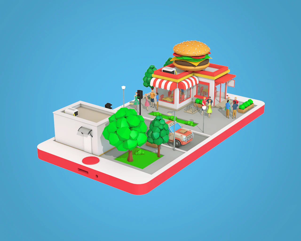 low poly burger cafe on phone screen 3D Model .c4d .max .obj .3ds .fbx .stl .blend 