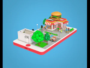 low poly burger cafe on phone screen 3D Model