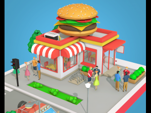 low poly burger cafe on phone screen 3D मॉडल