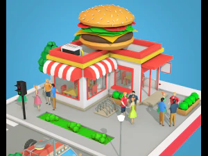 low poly burger cafe on phone screen 3D Model