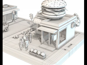 low poly burger cafe on phone screen 3D Model