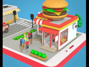 low poly burger cafe on phone screen 3D Model