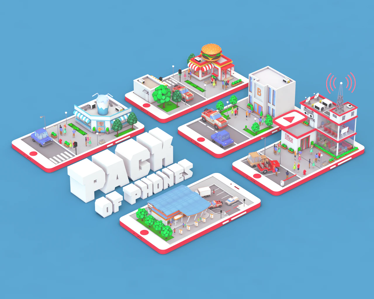 low poly buildings on mobile phone 3D Model .c4d .max .obj .3ds .fbx .stl .blend 