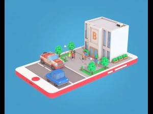 low poly buildings on mobile phone 3D Model