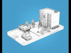low poly buildings on mobile phone 3D Model