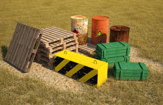 low poly models for games barrels pallets military crates concrete block 3D-Modell .c4d .max .obj .3ds .fbx .stl .blend 