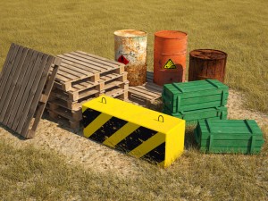 low poly models for games barrels pallets military crates concrete block 3D Model