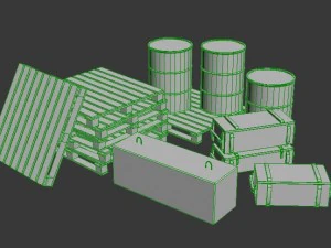 low poly models for games barrels pallets military crates concrete block 3D Model