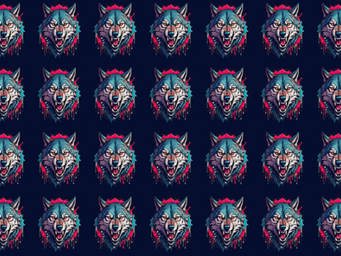 Wolf head logo comic style drawing motif seamless pattern Texturas CG