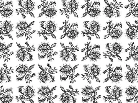 Patr&oacute;n de motivo de dibujo en blanco y negro de planta monstruo de fantas&iacute;a Texturas CG