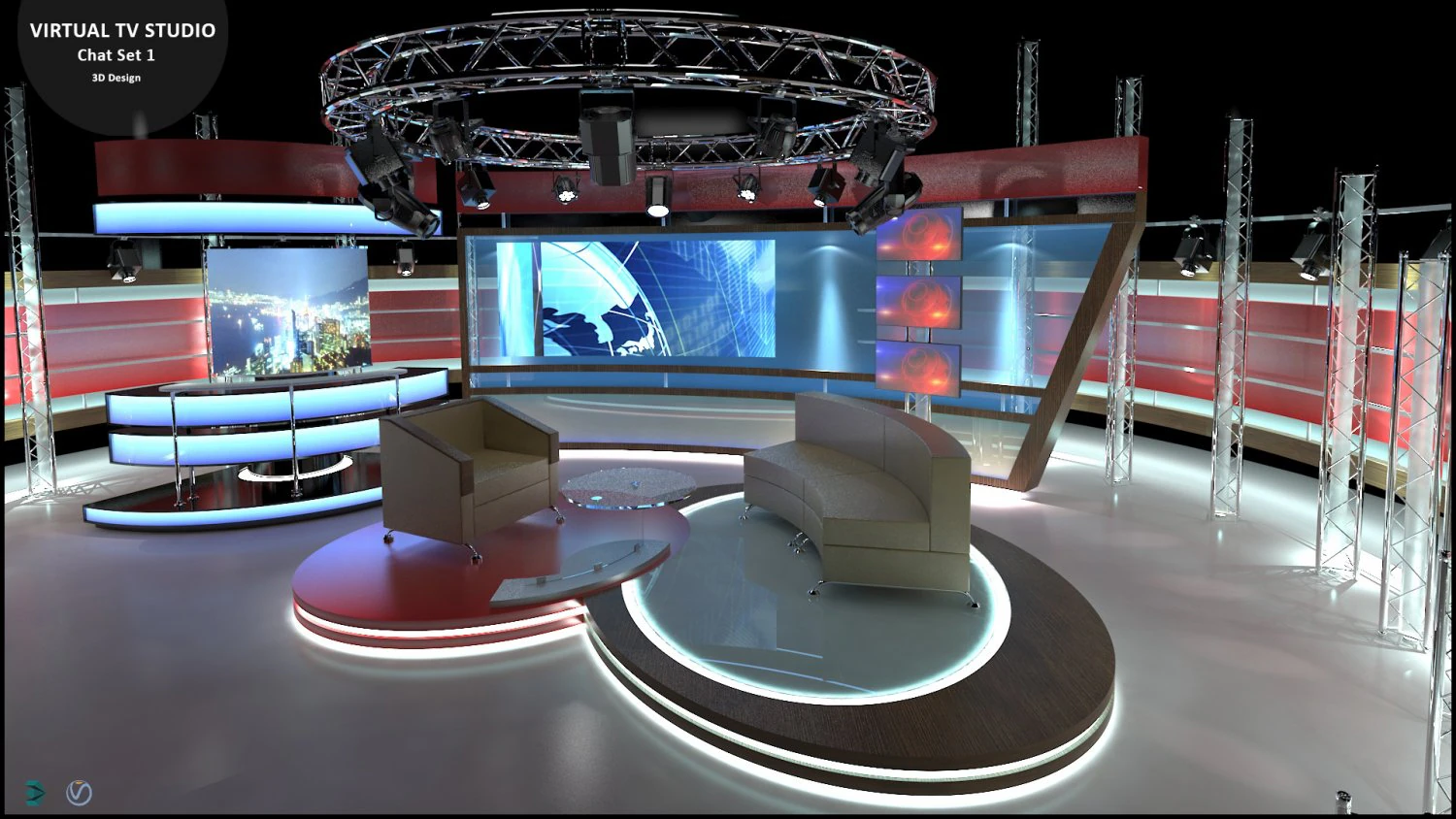 Virtual TV Studio Chat Set 1 3D Model .c4d .max .obj .3ds .fbx .stl .blend 