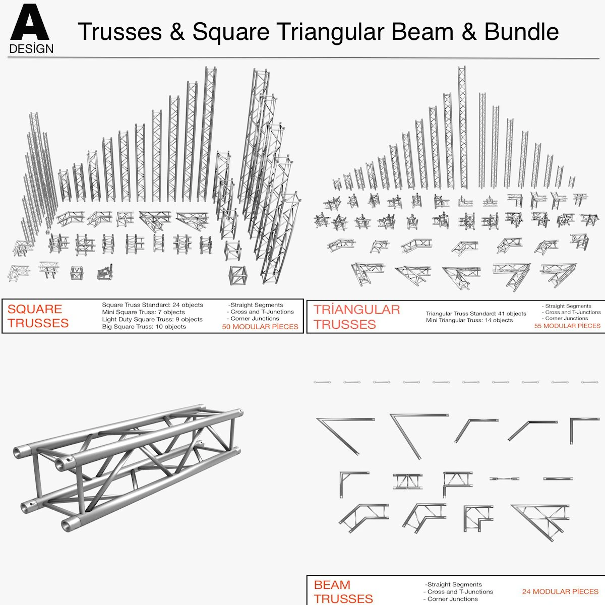 trusses square triangular beam bundle collection - 129 pcs modular 3D Model .c4d .max .obj .3ds .fbx .stl .blend 