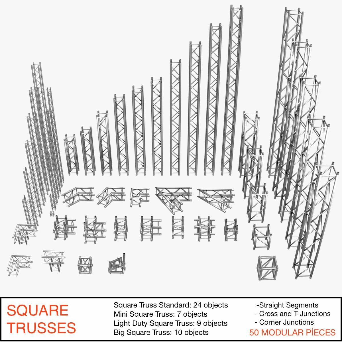 square light trusses collection - 50 pcs modular 3D Model .c4d .max .obj .3ds .fbx .stl .blend